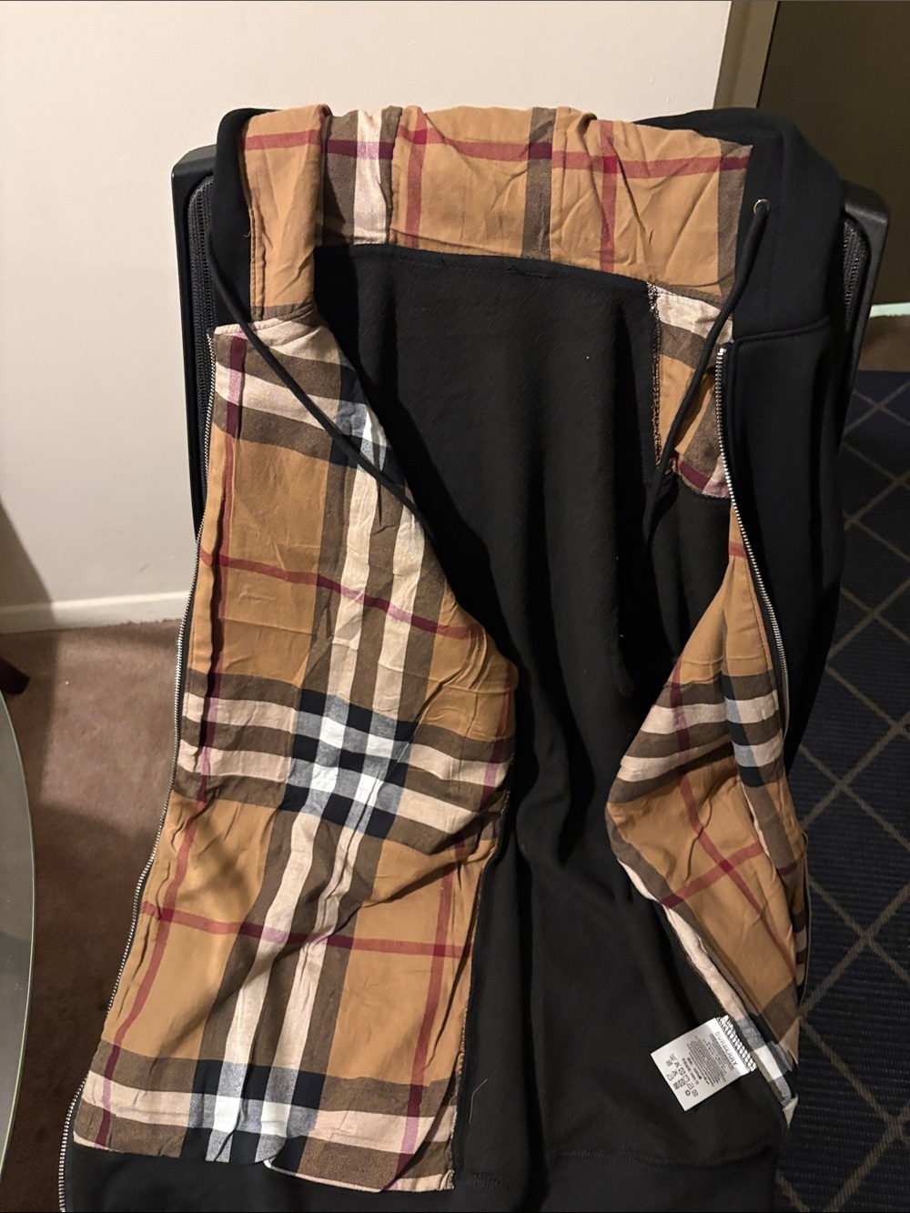 Black Jacket with Tan Plaid Lining - Women’s Zip Hoodie